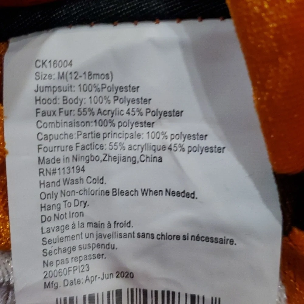 Tiger Tot In Character Costume Size 12-18 Months